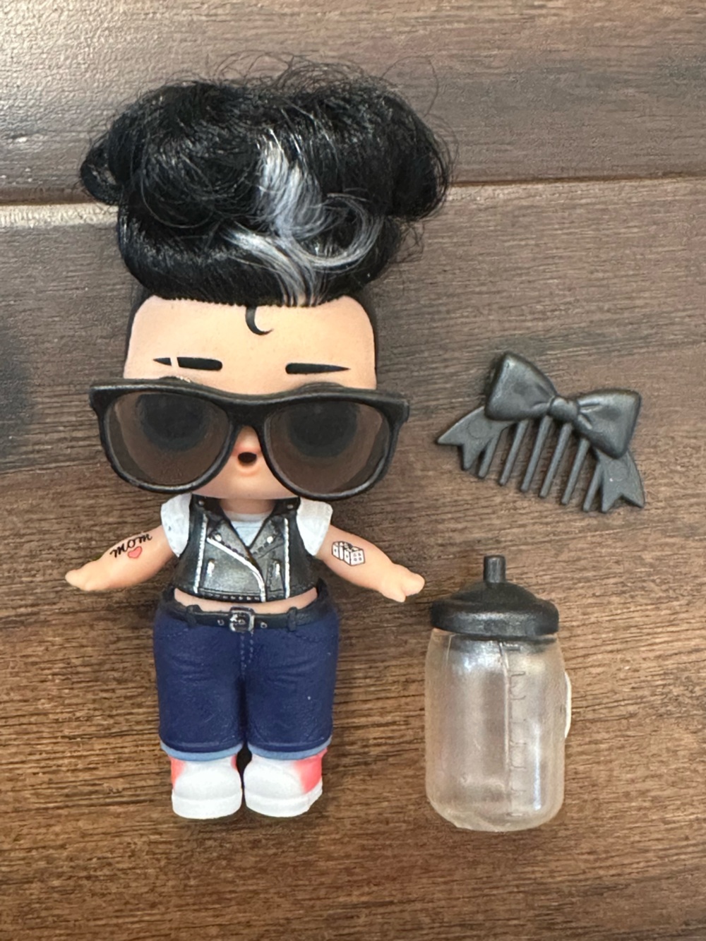 EUC L.O.L. Surprise! Mini Doll with Black Sunglasses, Black Hair & Navy Pants